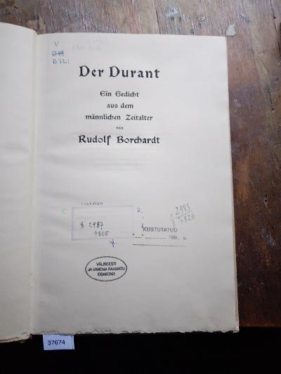 Der Durant  Ein Gedicht aus dem männlichen Zeitalter - Front Cover