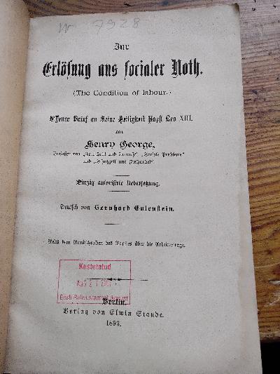 Zur Erlösung aus socialer Not  (The condition of labour) - Front Cover