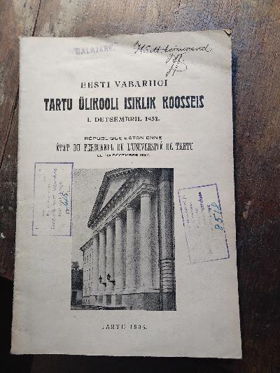 Eesti Vabariigi Tartu Ülikooli Isiklik Koosseis  1. Detsembril 1934  (Persönliche Zusammensetzung der Universität Tartu der Republik Estland im Jahr 1934) - Front Cover