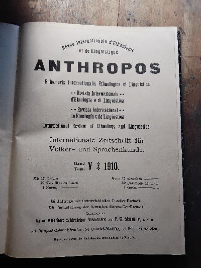 Anthropos Internationale Zeitschrift für Völker und Sprachenkunde  Band V Heft 1 - Front Cover
