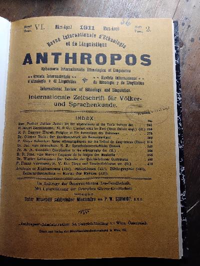 Anthropos Internationale Zeitschrift für Völker und Sprachenkunde  Band VI Heft 2 - Front Cover