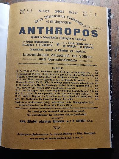 Anthropos Internationale Zeitschrift für Völker und Sprachenkunde  Band VI Heft 3,4 - Front Cover