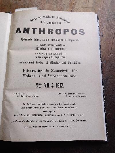 Anthropos Internationale Zeitschrift für Völker und Sprachenkunde  Band VII Heft 1 - Front Cover