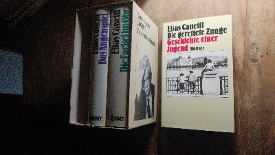 Elias Canetti  Lebensgeschichte 1905 - 1937  Ein europäisches Panorama  Die gerettete Zunge / Die Fackel im Ohr / Das Augenspiel. 3 Bände im Schuber - Front Cover