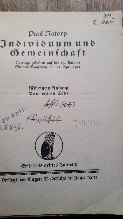 Individuum und Gesellschaft   Vortrag gehalten auf der Aarauer Studien Konferenz am 21. April 1921   Mit einem Anhang Vom echten Tode - Front Cover