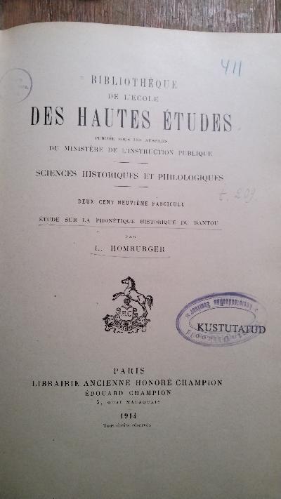 Etude sur la Phonetique Historique du Bantou  (Bibliothèque de l'Ecole des hautes Etudes) - Front Cover