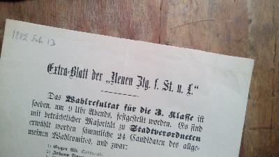 Extra - Blatt der Neuen Zeitung für Stadt und Land Riga vom 13. Februart 1882  über das Wahlresultat der 3. Klasse - Front Cover
