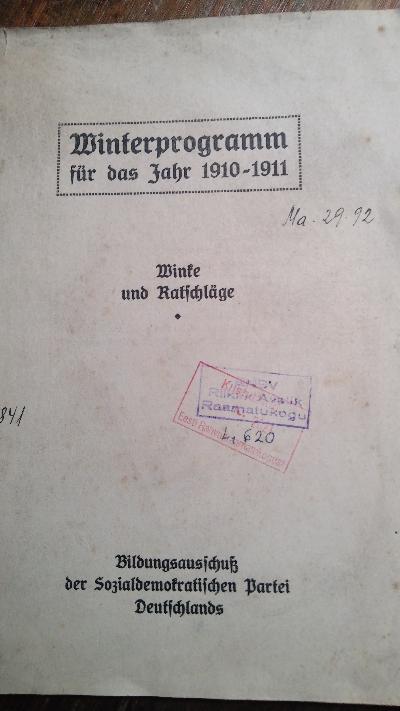 Winterprogramm für das Jahr 1910 - 1911  Winke und Ratschläge - Front Cover