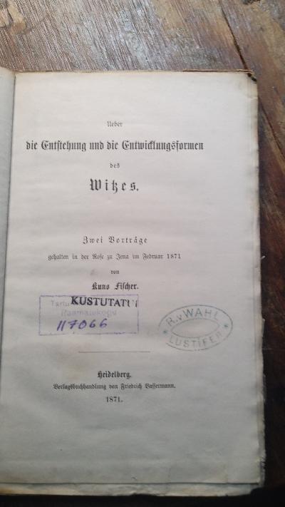 Ueber die Entstehung und die Entwicklungsformen des Witzes  Zwei Vorträge gehalten in der Rose zu Jena im Februar 1871 - Front Cover