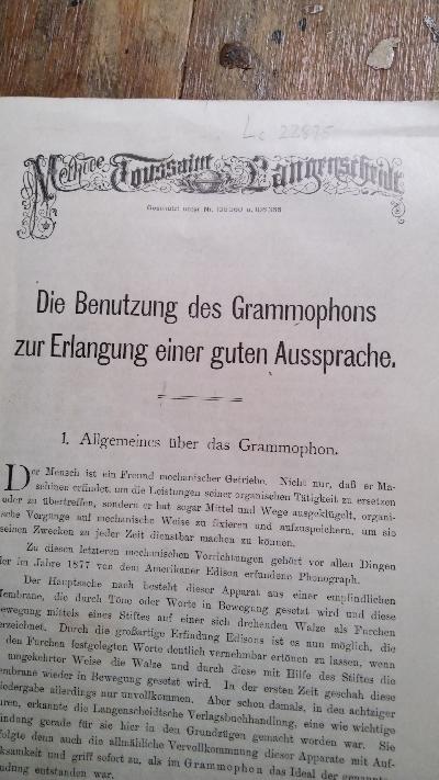 Die Benutzung des Grammophons zur Erlangung einer guten Ausssprache - Front Cover