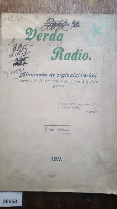 Verda Radio.  Almanako de originalaj verkoj, eldonata de la samnoma Esperantista Literatura Rondeto   Unua volumo - Front Cover