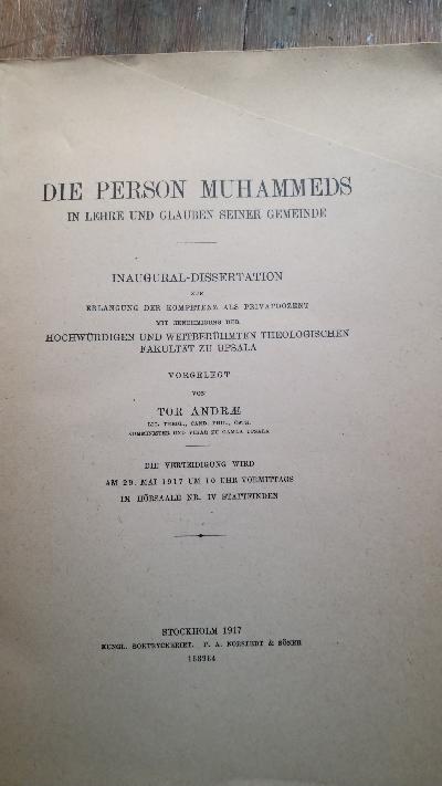 Die Person Muhammeds in Lehre und Glauben seiner Gemeinde - Front Cover