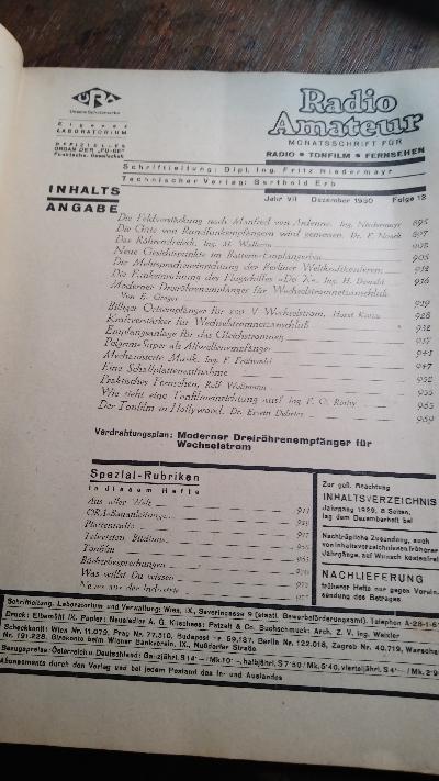 Radio Amateur Monatsschriftfür Radio Tonfilm Fernsehen  Weihnachts Ausgabe Jahrgang VII Folge 12  Dezember  - Front Cover