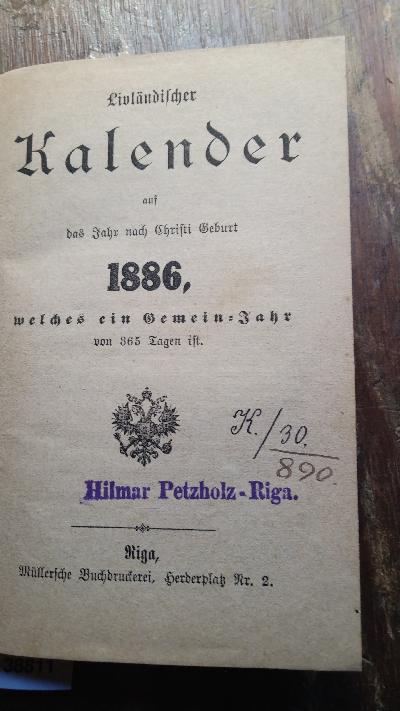 Livländischer Kalender auf das Jahr nach Christi Geburt 1886 - Front Cover