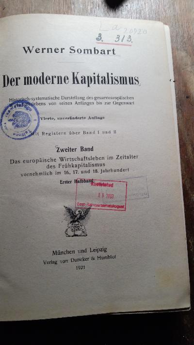 Der moderne Kapitalismus  Zweiter Band  Erste Hälfte - Front Cover
