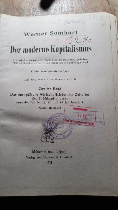 Der moderne Kapitalismus  Zweiter Band Zweite Hälfte - Front Cover
